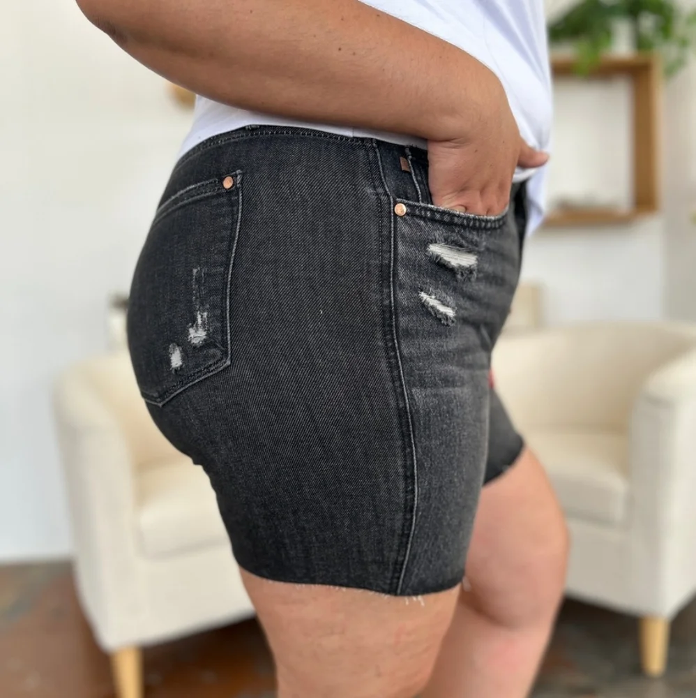 Judy Blue High Rise Tummy Control Denim Slim Black Distressed Frayed Jean Shorts